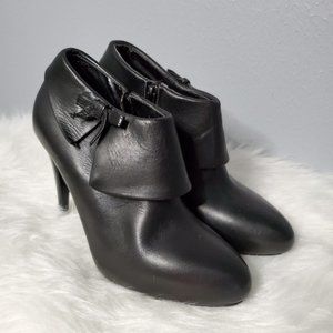 ECLIX Black Leather Heeled Bootie with Bow, 8.5